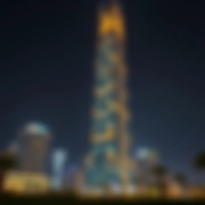 Amna Tower Illuminated at Night Evening view of Amna Tower illuminated against the night sky.