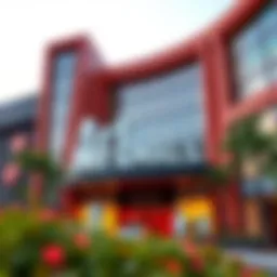 A striking facade of an art living mall adorned with contemporary sculptures
