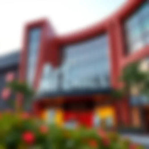 A striking facade of an art living mall adorned with contemporary sculptures