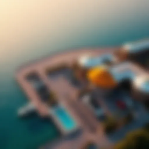 Aerial view of Blue Waters Island showcasing parking facilities