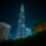 Stunning view of the Cascade Tower illuminated at night