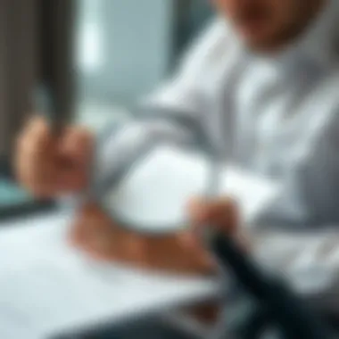 A professional reviewing a contract with a magnifying glass