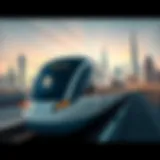 Dubai Metro Train Against Iconic Skyline A modern train navigating through Dubai's skyline