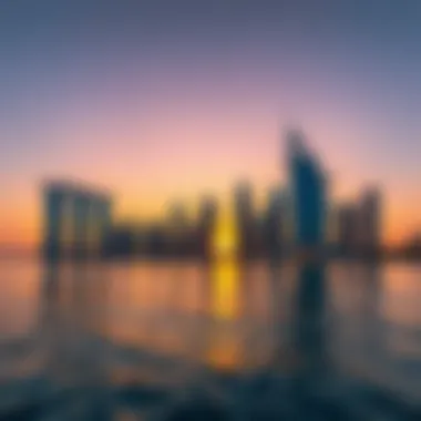 Business Bay Skyline at Sunset Stunning skyline of Business Bay at sunset with reflections on water