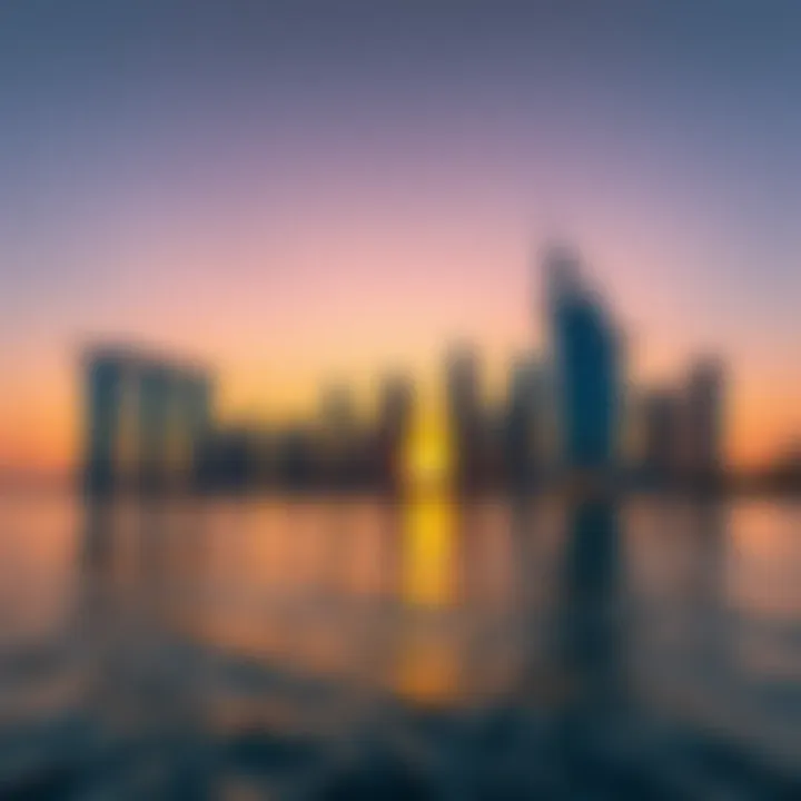 Business Bay Skyline at Sunset Stunning skyline of Business Bay at sunset with reflections on water