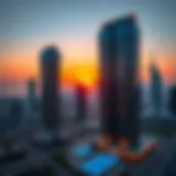 Stunning view of Business Central Towers at sunset