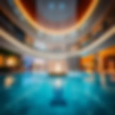 The stunning waterfall feature inside the mall, creating a serene atmosphere for shoppers.
