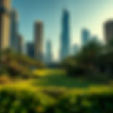 Serene urban park surrounded by skyscrapers Peaceful urban park with lush greenery