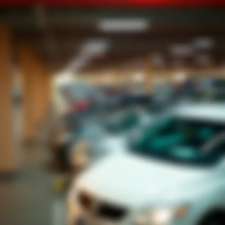 A panoramic view of a busy parking facility in Dubai showcasing various cars parked.