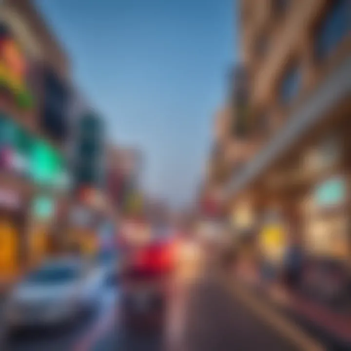 A bustling commercial area in Al Quoz with various businesses and vibrant street life