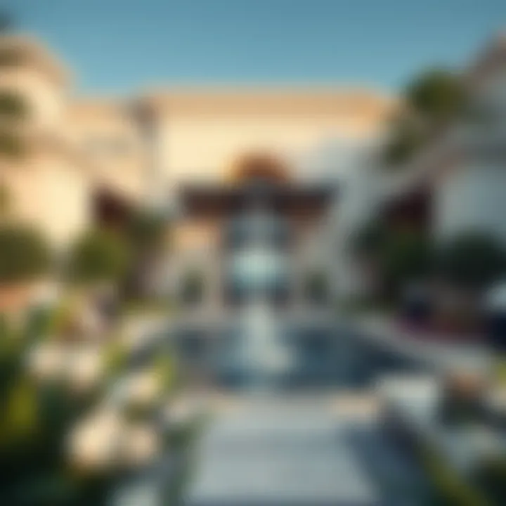 Elegant Villa Entrance Elegant villa entrance adorned with intricate landscaping and water features