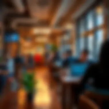 Energetic Environment of a Dubai Study Cafe A vibrant study cafe bustling with individuals focused on their work, emphasizing the energetic atmosphere