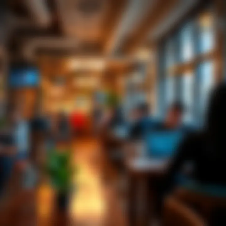 Energetic Environment of a Dubai Study Cafe A vibrant study cafe bustling with individuals focused on their work, emphasizing the energetic atmosphere