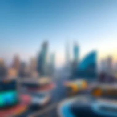 Commercial Vibrance: A Panoramic View of Dubai Panoramic view of a bustling commercial district with stunning skyscrapers.