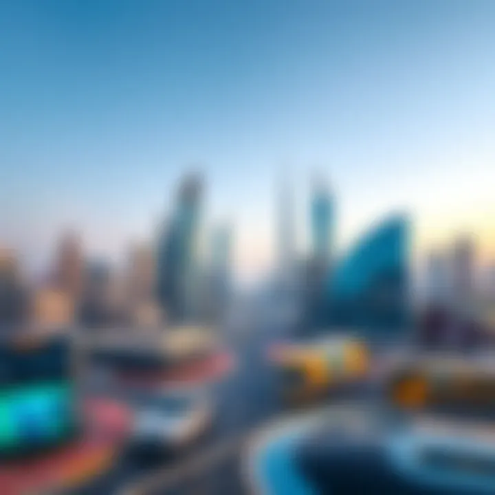 Commercial Vibrance: A Panoramic View of Dubai Panoramic view of a bustling commercial district with stunning skyscrapers.