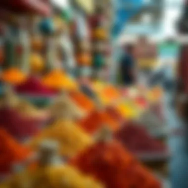 A vibrant marketplace showcasing colorful spices and herbs