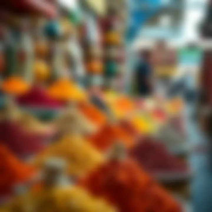 A vibrant marketplace showcasing colorful spices and herbs