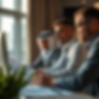 Investors Analyzing Trends in the Gulf Real Estate Market Investors analyzing property market trends with charts and data