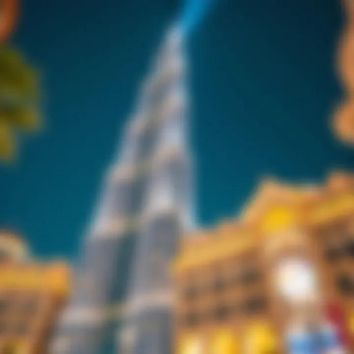Architectural details of Burj Khalifa highlighted by its lighting.