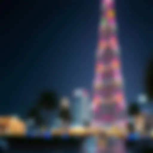 Night view of Burj Khalifa illuminated with colorful lights.