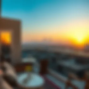 Balcony View of Al Quoz Skyline Cozy studio balcony with a view of Al Quoz skyline at sunset