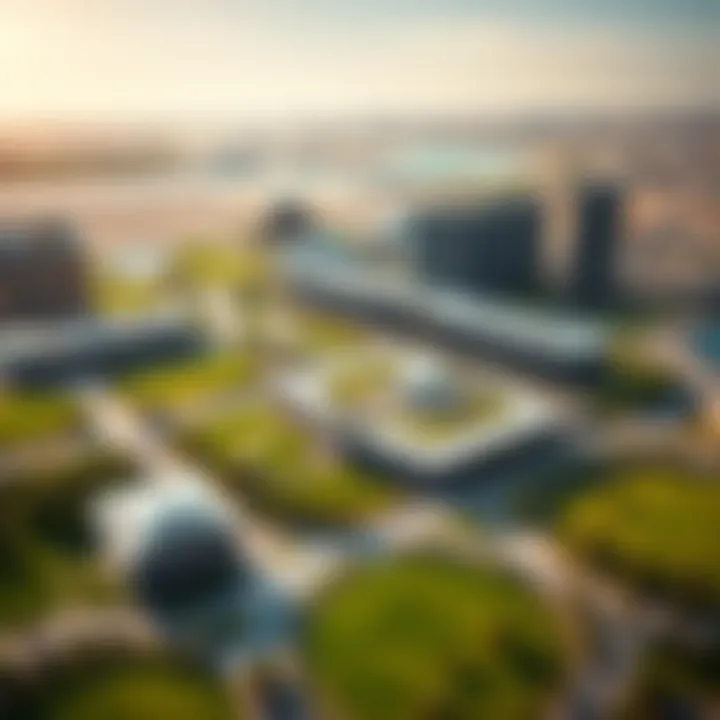 Aerial View of Dubai's Tech Park An aerial view of a tech park with green spaces and futuristic buildings