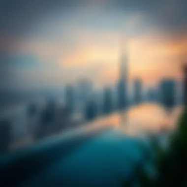 Stunning Skyline View Panoramic view of the Dubai skyline from Swissotel Downtown's rooftop pool