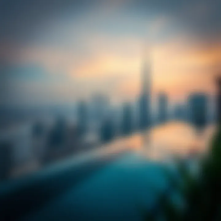 Stunning Skyline View Panoramic view of the Dubai skyline from Swissotel Downtown's rooftop pool