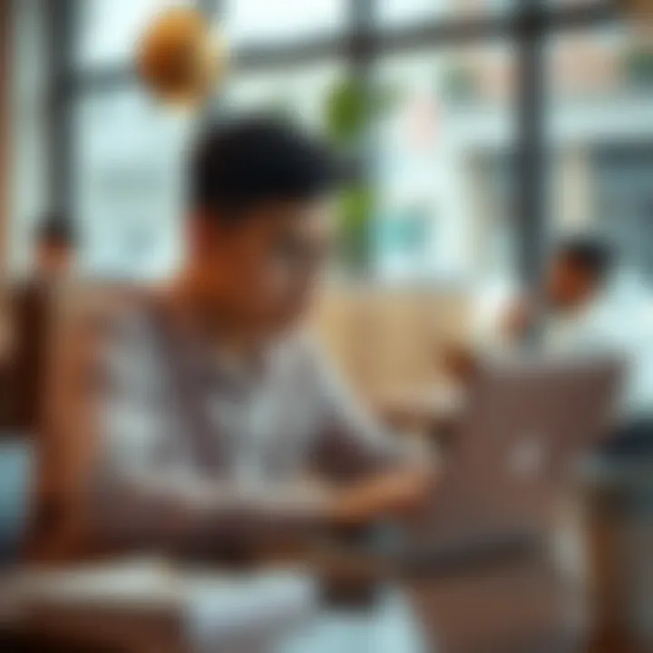 Close-up of a student using a laptop at a study cafe