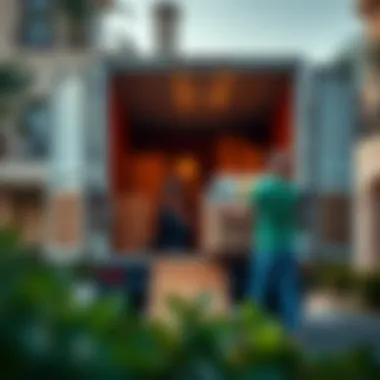Professional movers loading furniture into a truck in an upscale neighborhood