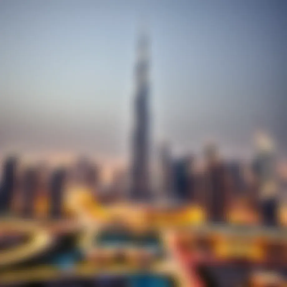 Iconic Burj Khalifa overlooking the city skyline of Dubai.