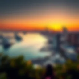 Stunning panoramic view of Yas Bay at sunset showcasing the vibrant skyline.