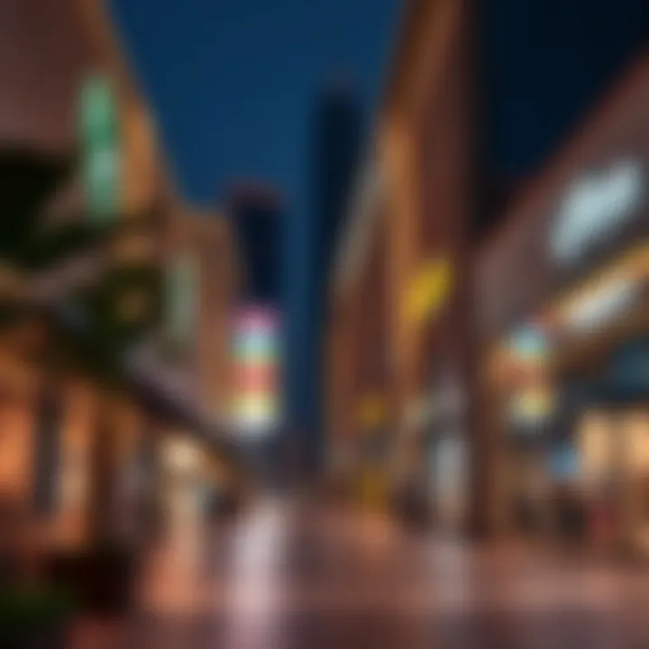 Commercial area bustling with diverse shops and eateries
